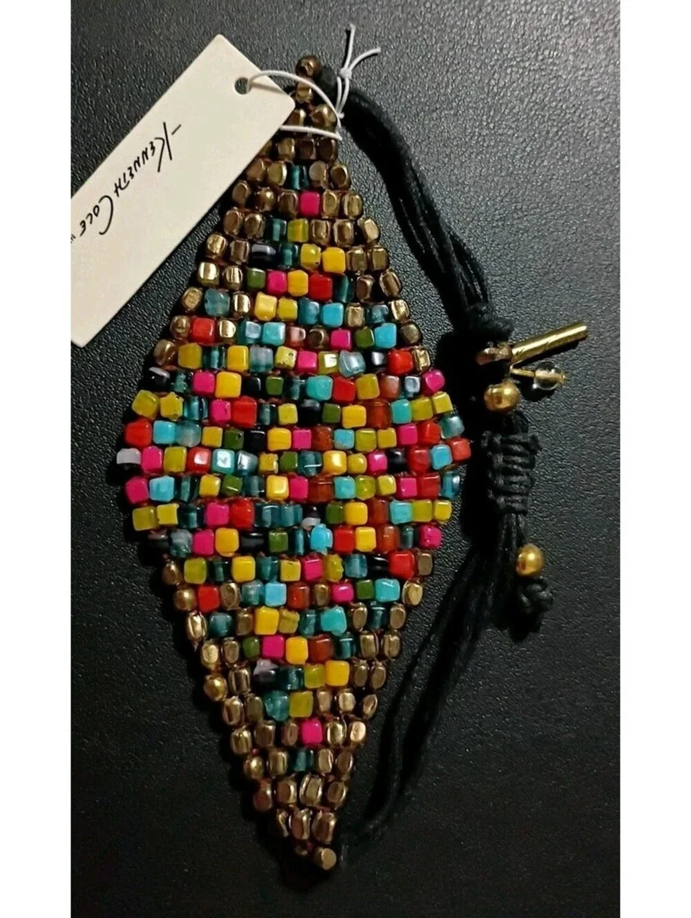 NWT KENNETH COLE Colorful Diamond Beaded Panel Bracelet Signed Gold Black